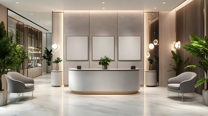 Fototapeta premium Modern luxury hotel reception area with elegant furniture and plants.