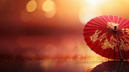 A red parasol adorned with golden phoenix patterns, resting elegantly on a smooth reflective surface