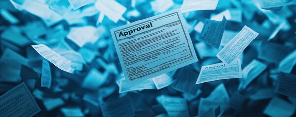 An abstract image depicting floating papers or documents against a blue background, suggesting themes of bureaucracy or information flow.