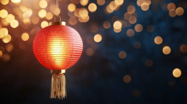 A red paper lantern glowing softly, suspended with gold tassels against a dark festive background - Powered by Adobe