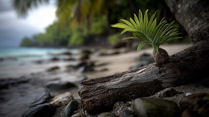 Tropical sprout growing on driftwood by ocean.