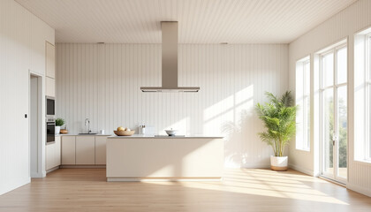 Modern kitchen interior with bright sunlight and minimalist design, featuring green plants and copy space


