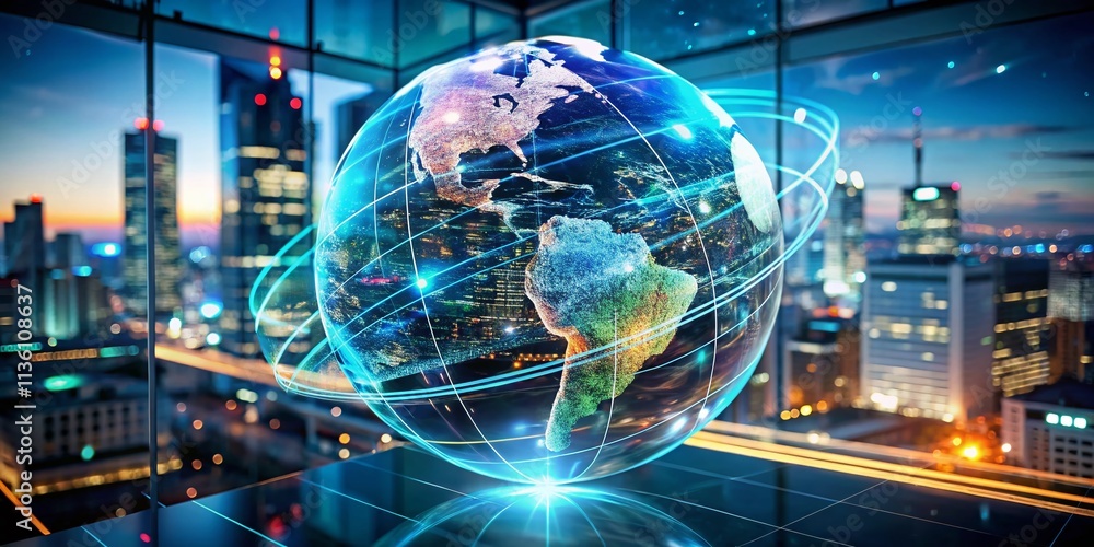 Poster double exposure photography of a rotating holographic globe representing global business expansion a
