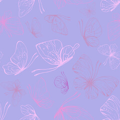 Fototapeta premium Butterflies are pink, blue, lilac, flying, delicate line art, clip art. Graphic illustration hand drawn in pink, lilac ink. Seamless pattern on a lilac background EPS vector.
