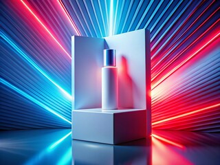 Double Exposure Product Display: Red Blue Neon Lights 3D Render, White Background, Showcase, Minimalist, Clean Design, Advertising, Branding, Mockup, 3D Illustration