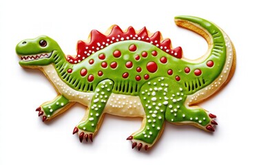 A dinosaur-shaped cookie with bold green icing and vibrant red spots dynamically hovering on a bright white background