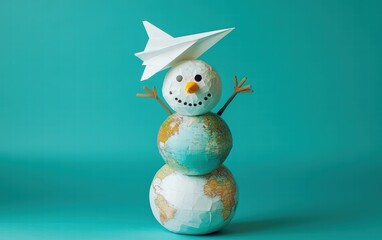 A snowman crafted from globes of different sizes with a paper airplane as a nose on a blue-green background