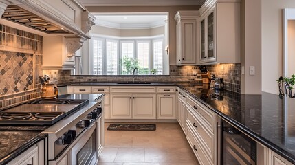 Luxury Traditional Kitchen With White Cabinets And Granite Countertops : Generative AI