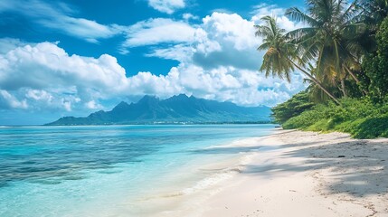 Fototapeta premium Tropical Paradise Beach with Palm Trees and Turquoise Waters Under Blue Skies : Generative AI