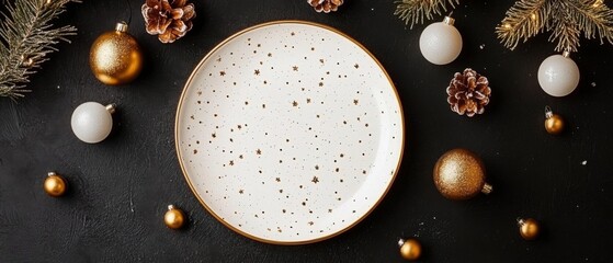 Elegant Christmas Table Setting with Gold and White Ornaments