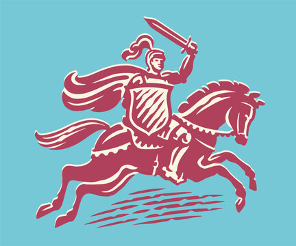 recommend clip art: Knight in armor with shield and sword on horse. Royal warrior, defender logo emblem. Vector drawing