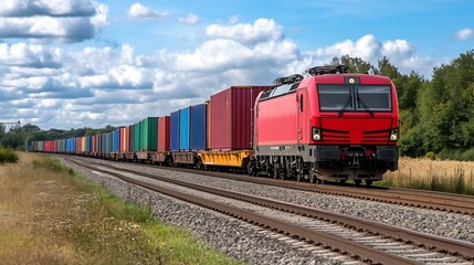 Powerful Red Freight Train Transporting Colorful Containers Through Scenic Countryside Under Blue Sky : Generative AI