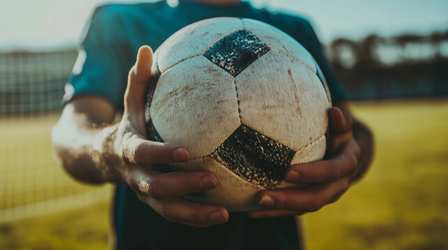 Close-up of a soccer player's hands gripping a worn ball during practice on an outdoor field at sunset