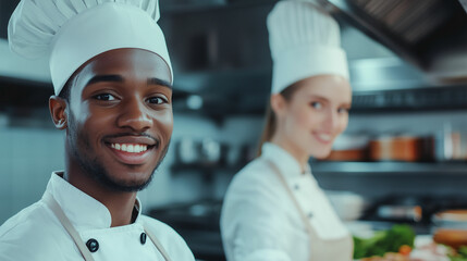 Diverse young chefs smile while preparing fresh ingredients in a bustling kitchen during a busy culinary session