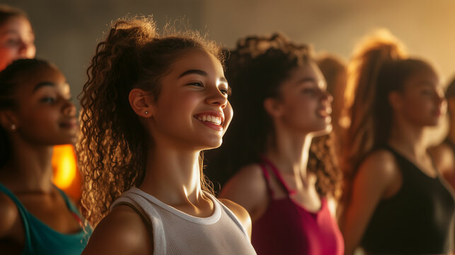Diverse group of young dancers smiling and performing in a vibrant studio during a late afternoon session
