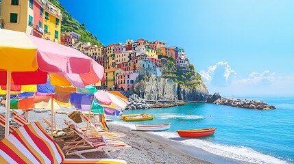 Scenic View of Colorful Cliffside Town with Bright Beach Umbrellas and Boats : Generative AI