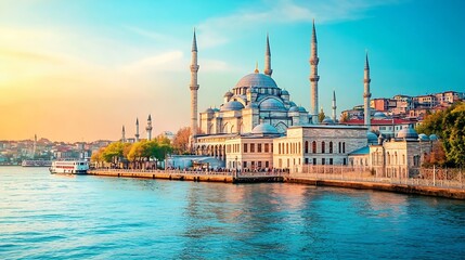 Fototapeta premium Scenic View of the Majestic Blue Mosque by the Bosphorus in Istanbul at Sunset : Generative AI
