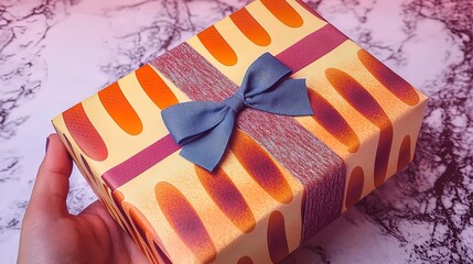 elegant gift presentation: a stunning image of a blue bow wrapped box on marble - perfect for sporty interior posters and celebratory decor!