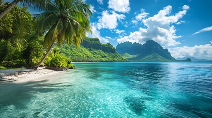 Picturesque Island Beach with Crystal Clear Water and Dramatic Mountain Views : Generative AI