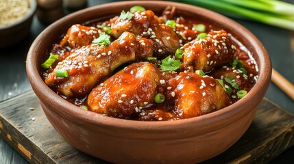 Korean spicy chicken served in a rustic clay bowl, with vibrant red sauce and garnishes of spring onion and sesame