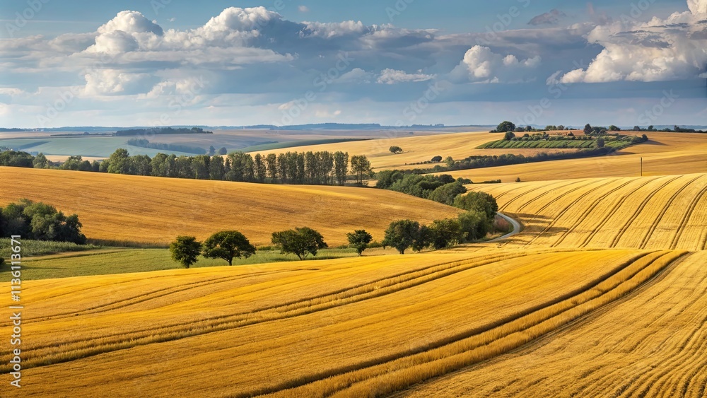 Poster A field of golden wheat with a few trees scattered throughout