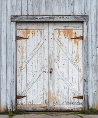 Weathered vintage wooden barn door with distressed white paint and rustic texture : Generative AI