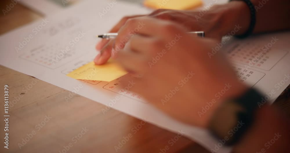 Poster man, hands and sticky notes on calendar in office, plan schedule and reminder for meeting. male pers