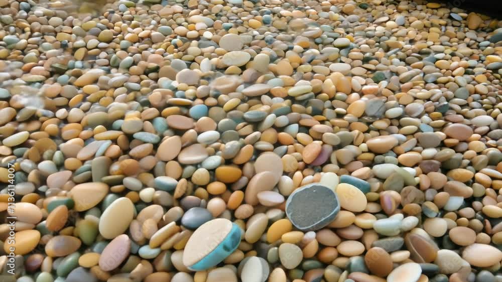 Poster camera pans to reveal a pebble path texture with assorted colors, smooth, rounded patterns, and ambi