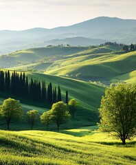 Picturesque Rolling Hills and Cypress Trees Bathed in Soft Morning Light : Generative AI