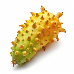 Fototapeta premium Ripe kiwano fruit with its characteristic spikes and gradient of colors, isolated on a clean white background