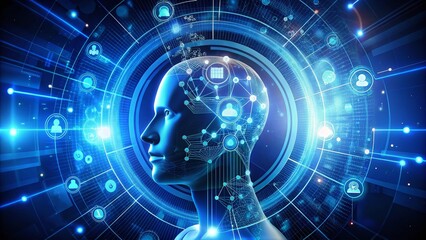 Obraz premium Dynamic Blue Digital Robot Head Logo with Rotating AI Icons and Abstract Background Showcasing Chatbots and Machine Learning Technology in Vertical Format