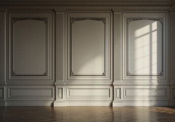  an empty wall with classic paneling in a beige room, no shadows, low detail.
