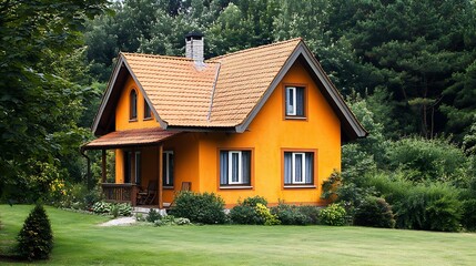 Obraz premium Cozy Orange House In Green Forest Setting With Charming Porch And Garden : Generative AI
