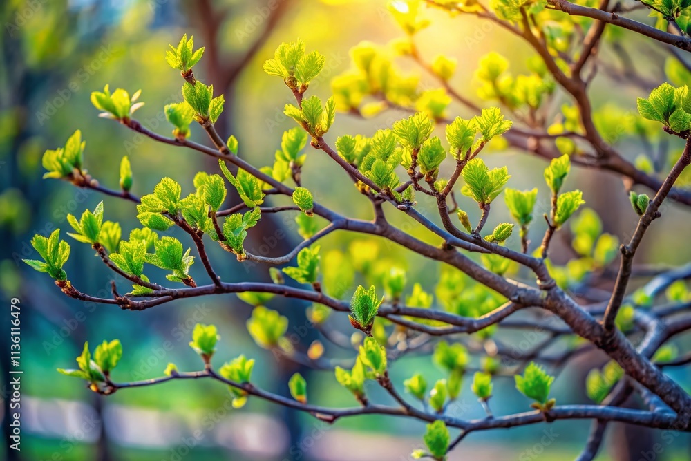 Poster early spring tree buds unfolding against a blurred background with copy space for nature and seasona