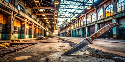 Obraz premium Dynamic Urban Exploration Photography Featuring a Sharp Steel Blade Illustration with a Gritty Industrial Background and Textured Surfaces for a Striking Visual Impact