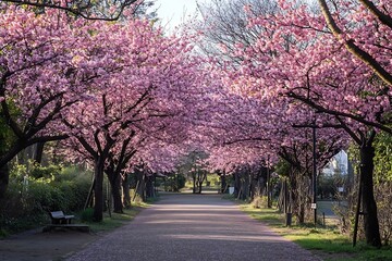 Fototapeta premium Peaceful Cherry Blossom Tunnel in Springtime with Pink Petals Creating Enchanting Scenic Pathway : Generative AI