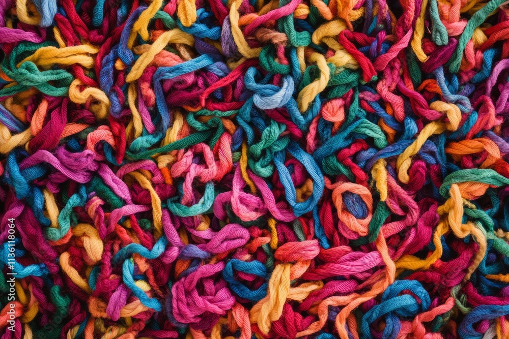 Poster colorful texture of tangled yarn snippets in vibrant hues creating a lively patchwork of colors
