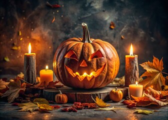 Eerie Halloween Scene Featuring a Creepy Jack-O’-Lantern Surrounded by Spooky Shadows and Autumn Leaves, Perfect for Seasonal Decoration and Festive Celebrations.