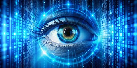 Electric Blue Eye Surveillance: Binary Code Rain - Cyber Espionage, Digital Data Tracking, Cybersecurity Concept Art