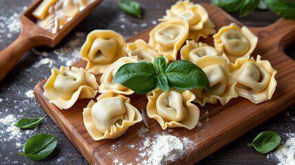 Fototapeta premium A rustic display of handmade tortellini arranged on a wooden cutting board with fresh basil leaves, flour, and a wooden scoop for a traditional Italian presentation. 