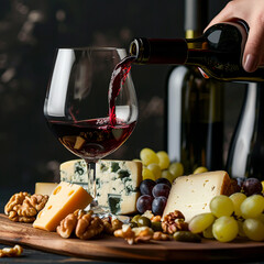 photo side view of woman hand pouring red wine into glass and different kinds of cheese olive walnut