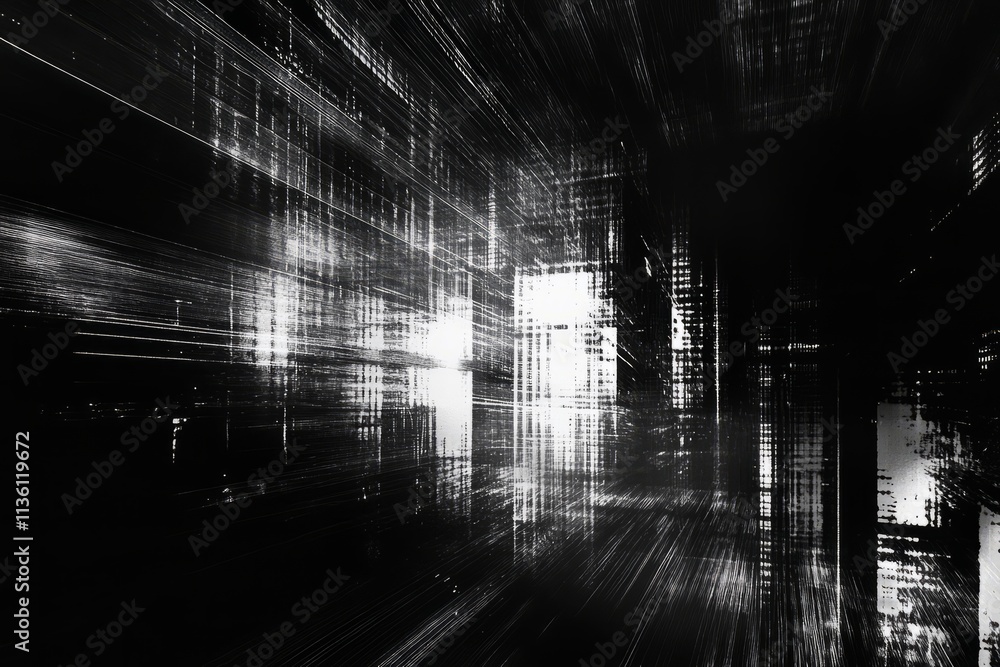 Poster digital noise texture featuring dynamic lines and stark contrasts in black and white hues