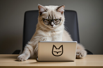 A Serious  Cat with Glasses Working on a Laptop