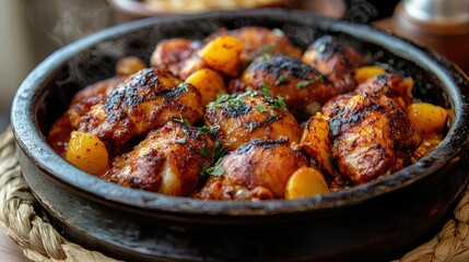 A steaming bowl of Korean spicy chicken with charred edges, sitting on a woven mat for a rustic vibe