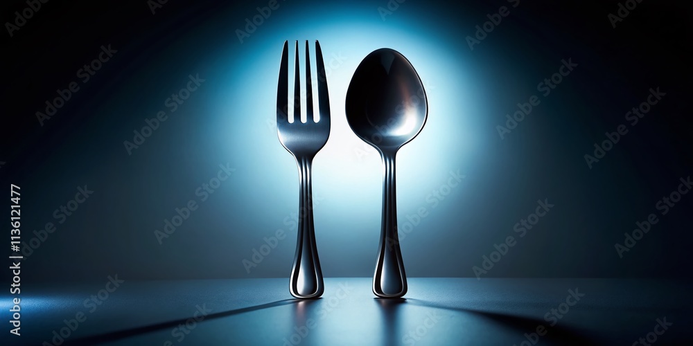 Poster elegant silhouette of lined spoon and fork creating a culinary art display against a soft gradient b