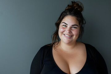 Confident and joyful plus-size woman posing against a minimalist grey background, expressing self-assurance and positivity. The casual hairstyle and natural smile enhance the relaxed atmosphere.
