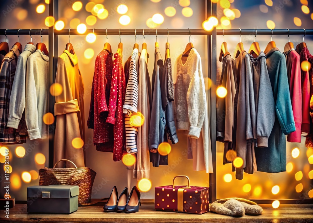Poster elegant wardrobe display featuring stylish clothes and accessories with a soft bokeh background for 