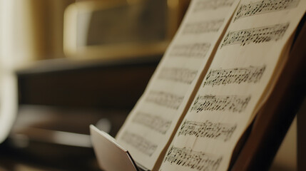 Close-up of classical music sheet notes on a wooden music stand, highlighting the intricate details...