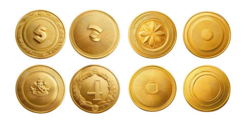 Collection of Golden Coins with Various Designs, PNG collection, set bundle, isolate on transparent or white background