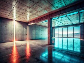 Fototapeta premium Empty Concrete Room 3D Render - Drone View, Architectural Photography, Interior Design, Modern Space, Empty Building, Concrete Walls, Industrial Design, Real Estate Photography
